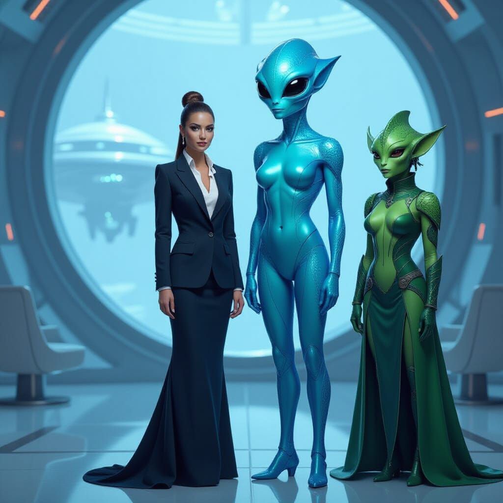 Tri-Planet Alliance Meeting in Futuristic Style