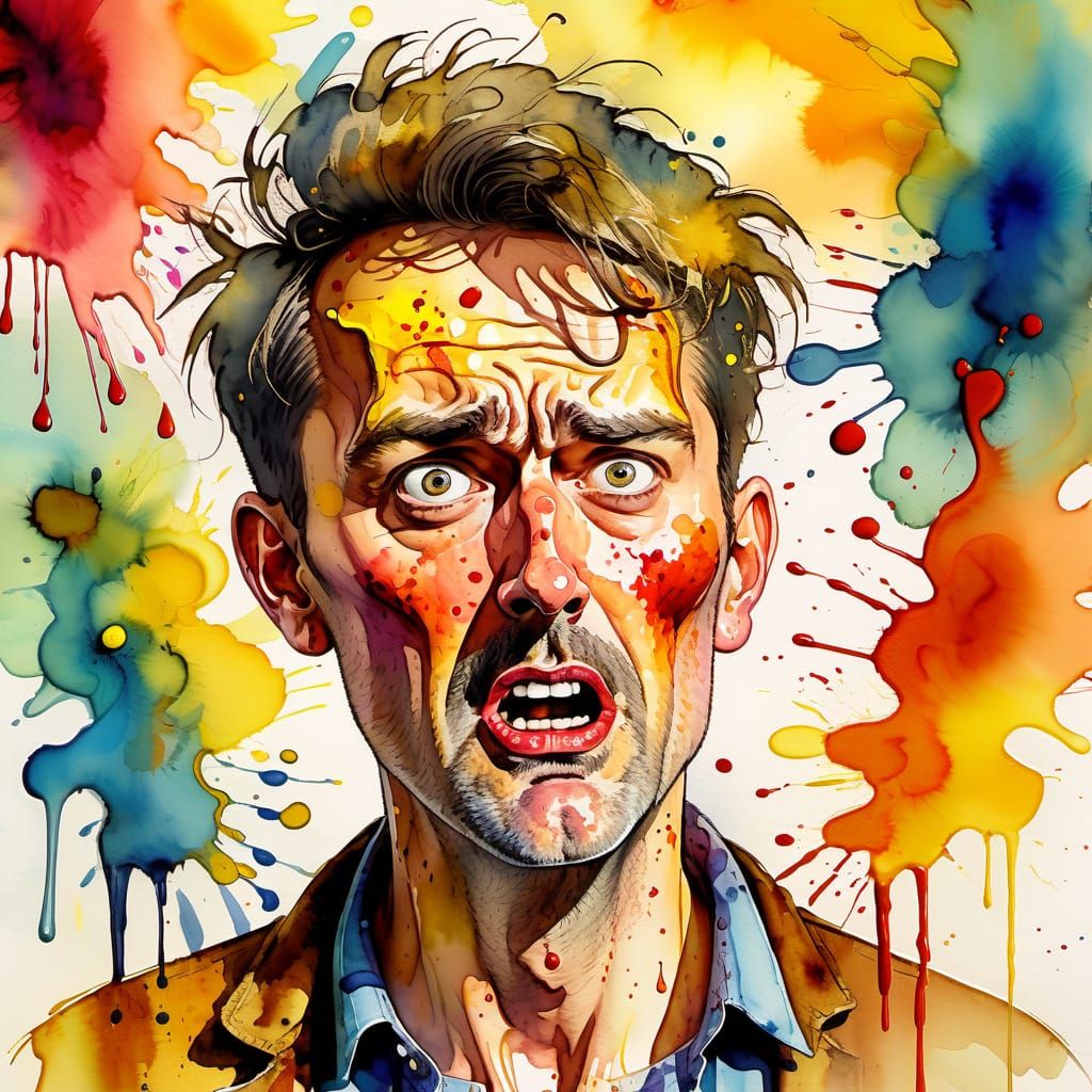 Humorous Man with Shocked Expression in Watercolour