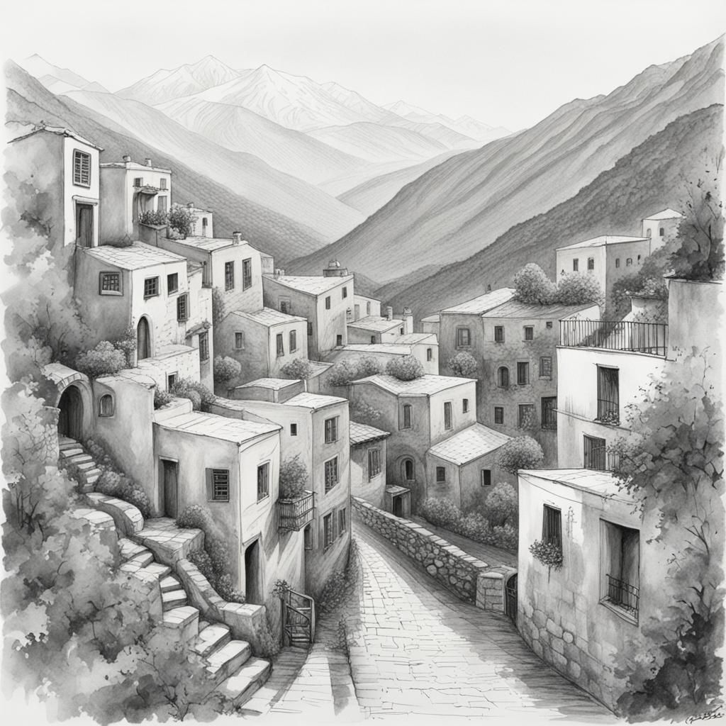 Detailed Pencil Sketch of a Greek Village