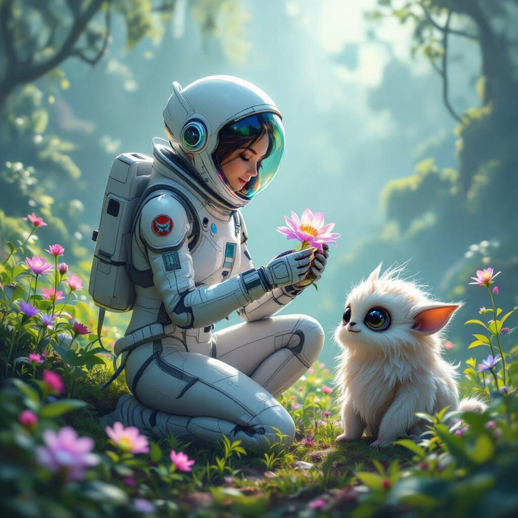 Woman and Alien Friend on a Vibrant Alien Planet