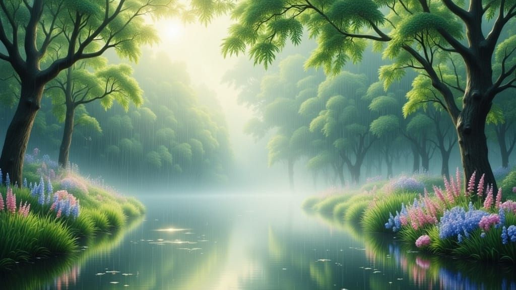 Summer Rain Scene in Claude Monet Style