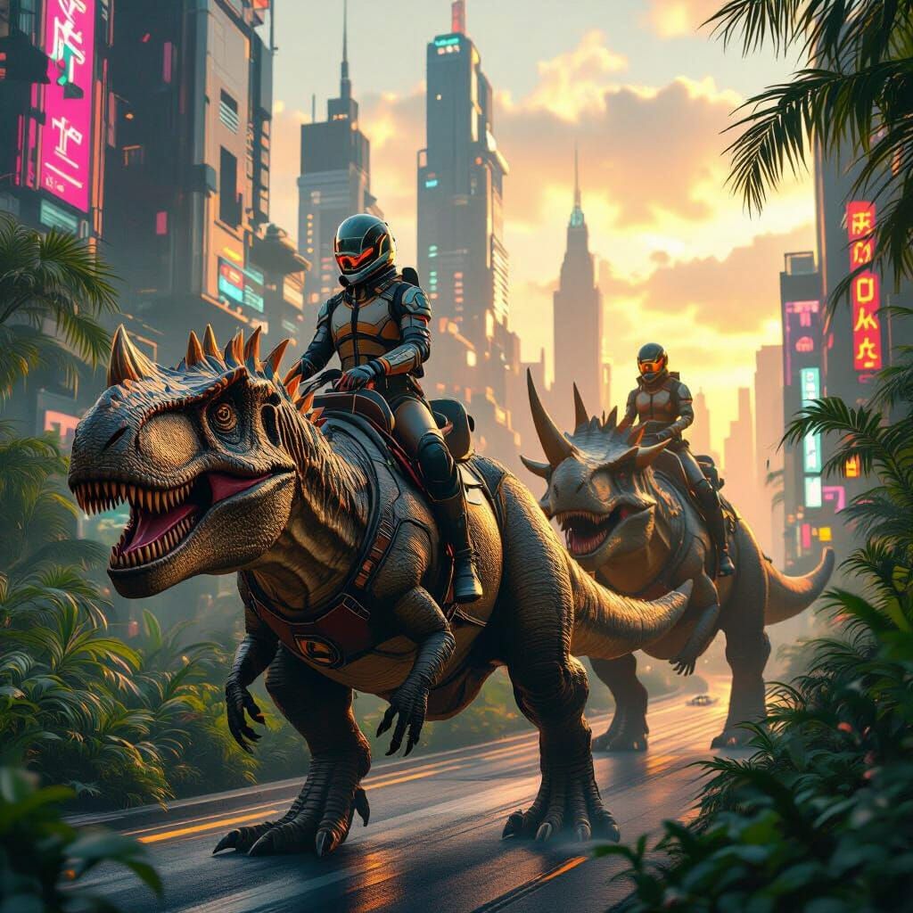 Futuristic City Dinosaurs in Syd Mead Style