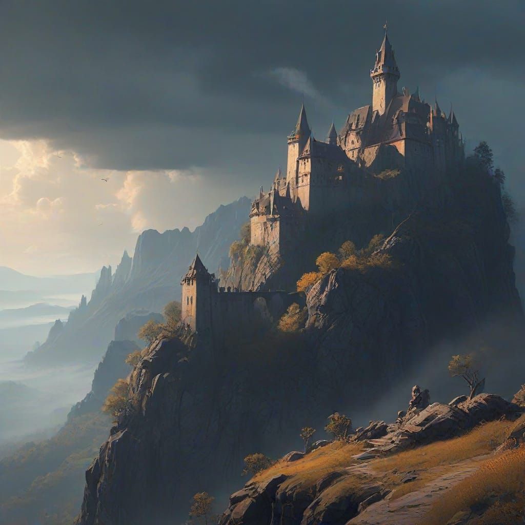 castle mountain dawn beams epic dark fantasy holy cliff drag...