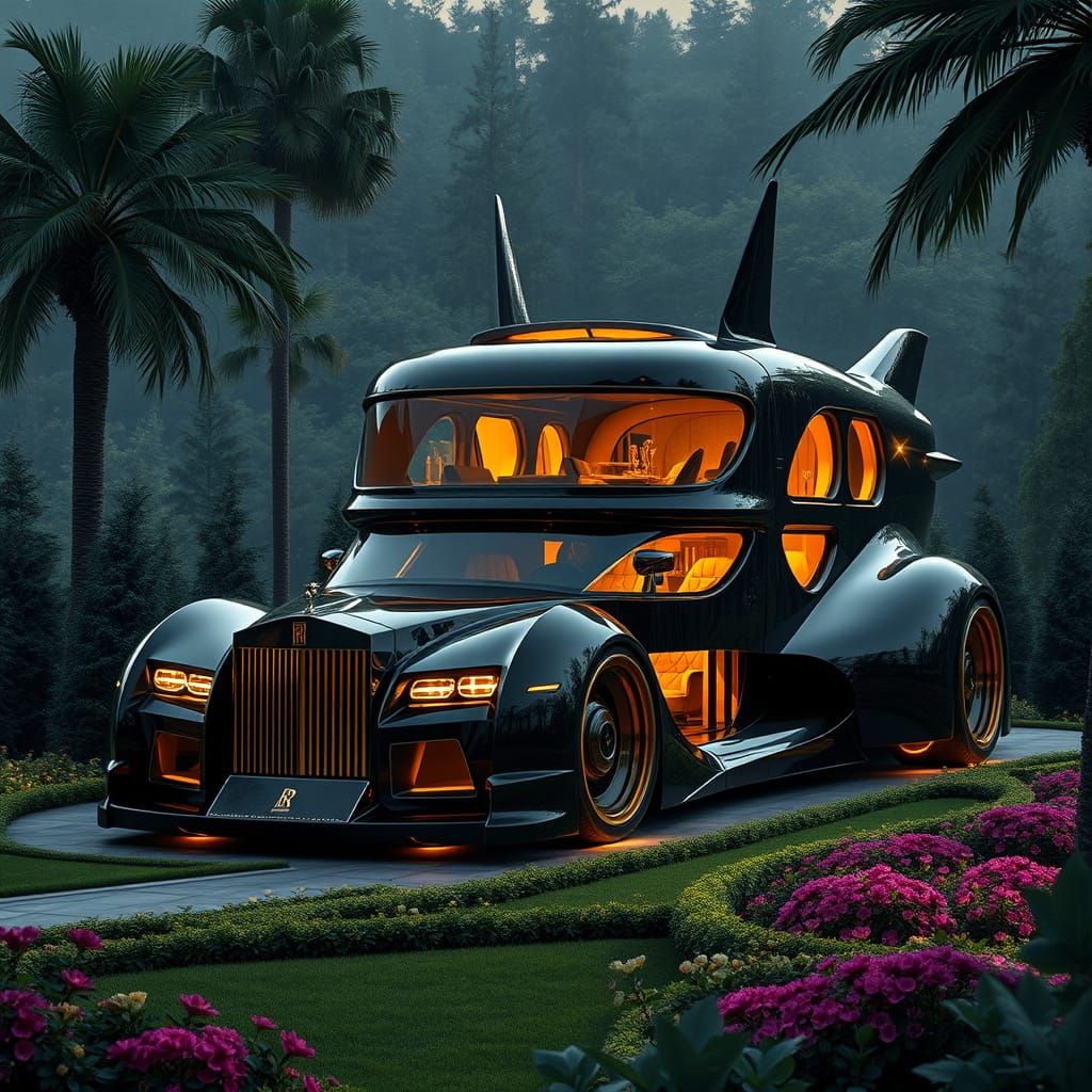 futuristic double-decker Rolls Royce car, in striking monoch...