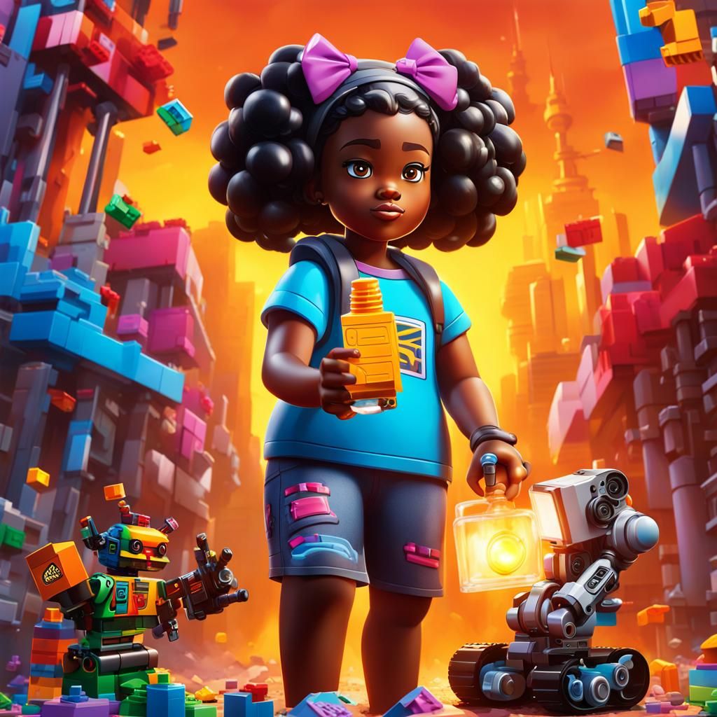 Girl Building LEGO Robot in Graffiti Art Style