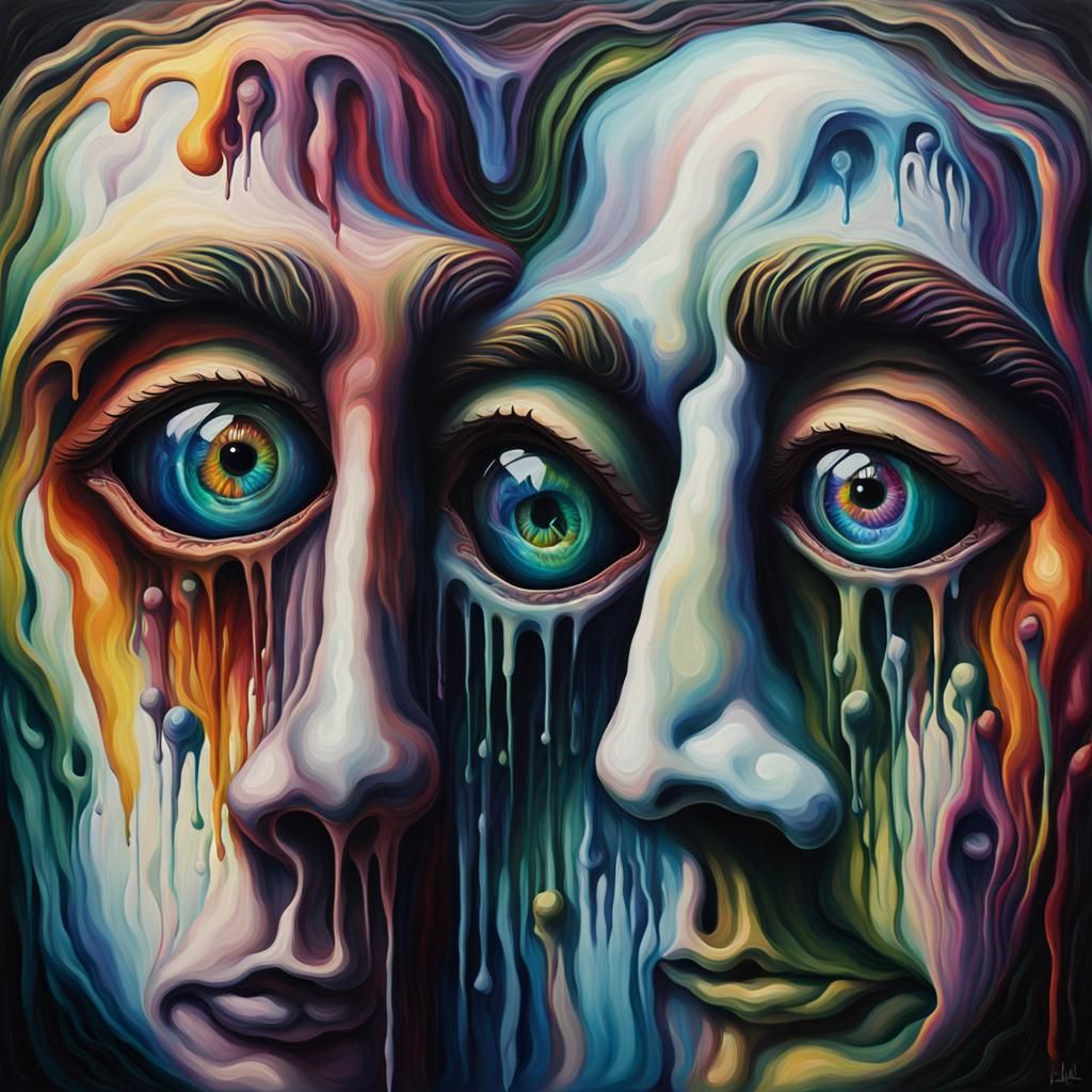 Surreal Faceless Figure with Melting Rainbow Eyes