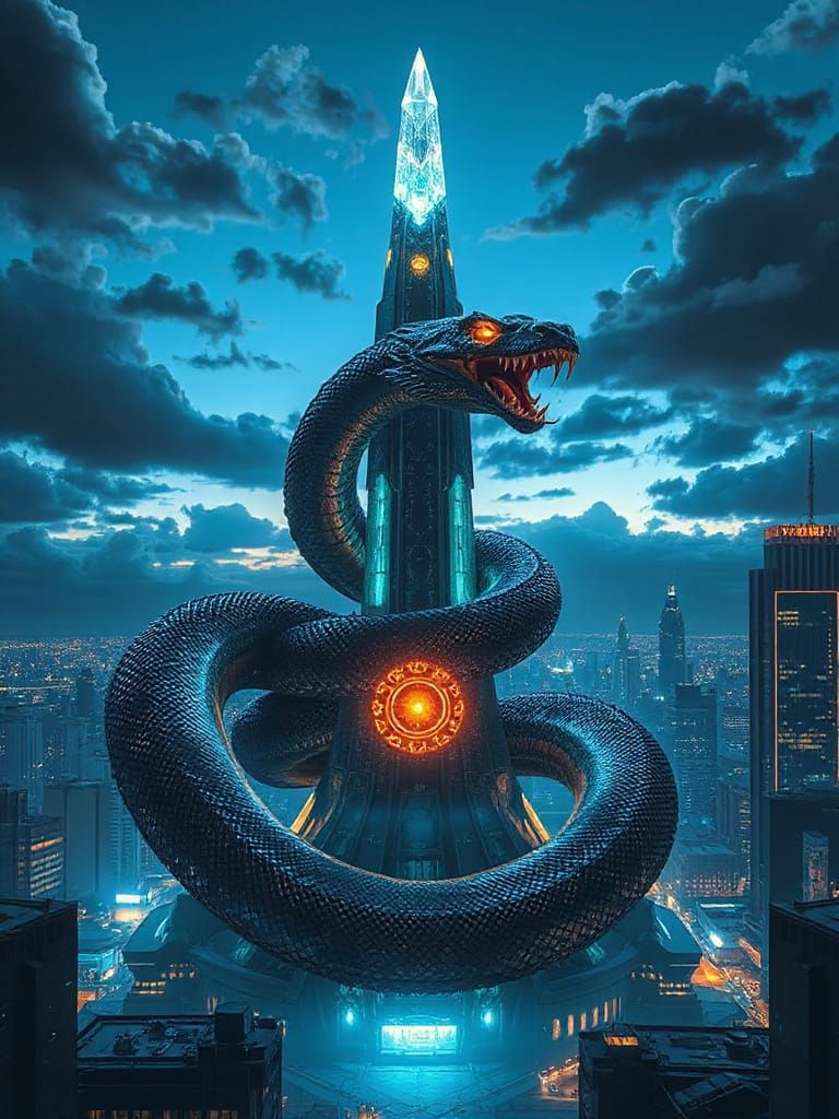 Ancient Serpent Coiled on Futuristic Spire in Neon City