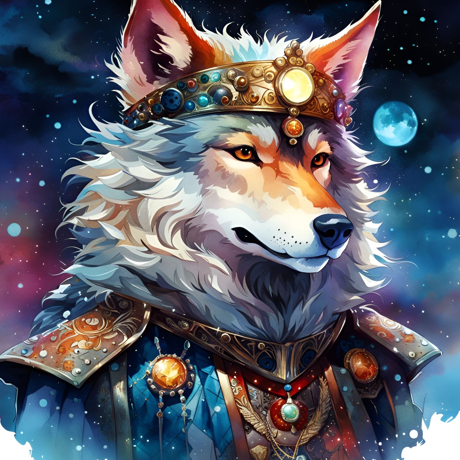 Anime Wolf King Portrait in Watercolor Style