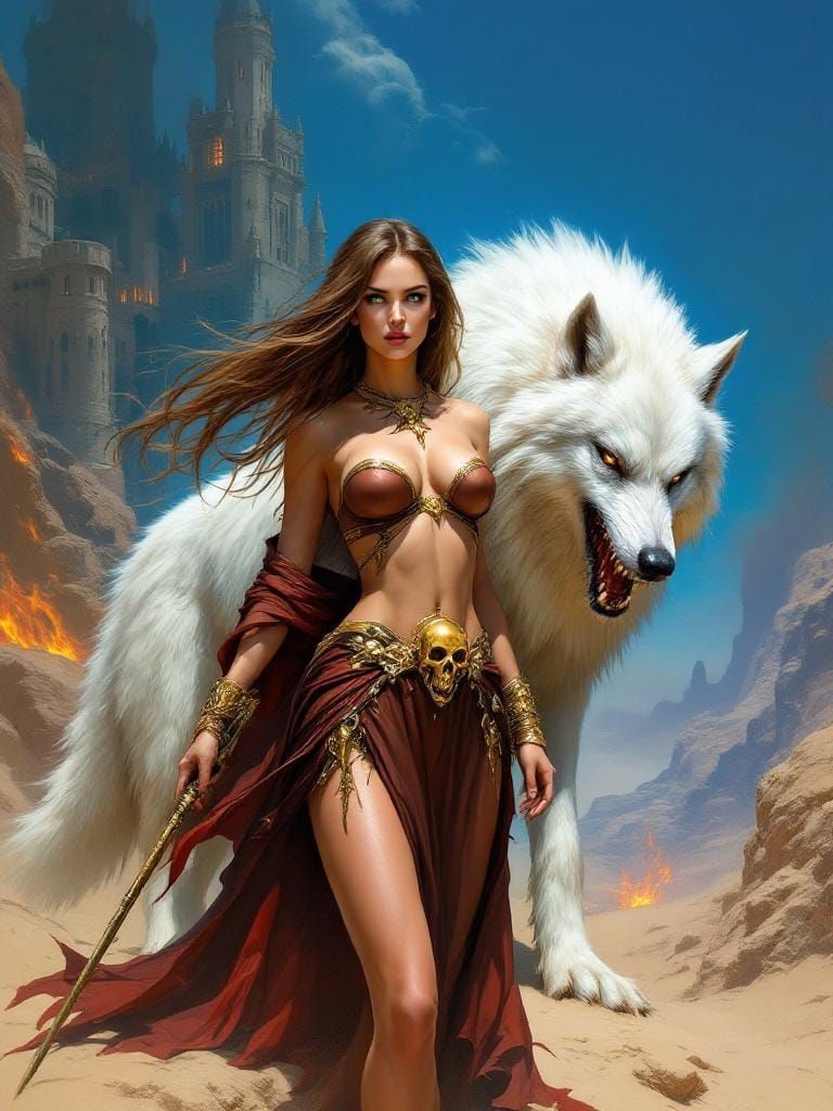 **A photo quality image in style of boris vallejo of a woman with long, flowing shiny light brown hair and green eyes st...