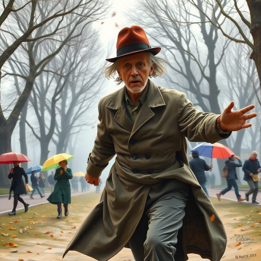 Windy Day Hat Chase in the Style of Rockwell