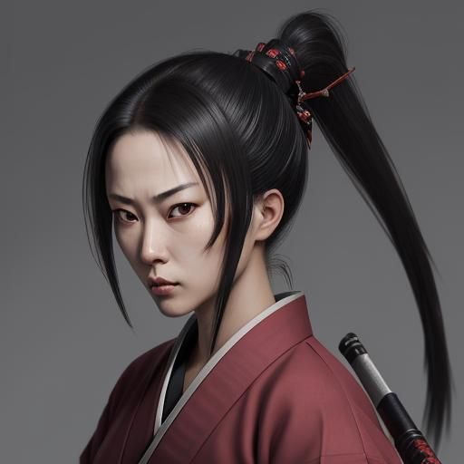 Female SAMURAI ninja, without mask, showing perfect chin, symmetrical face, with katana in one hand and three shuriken i...