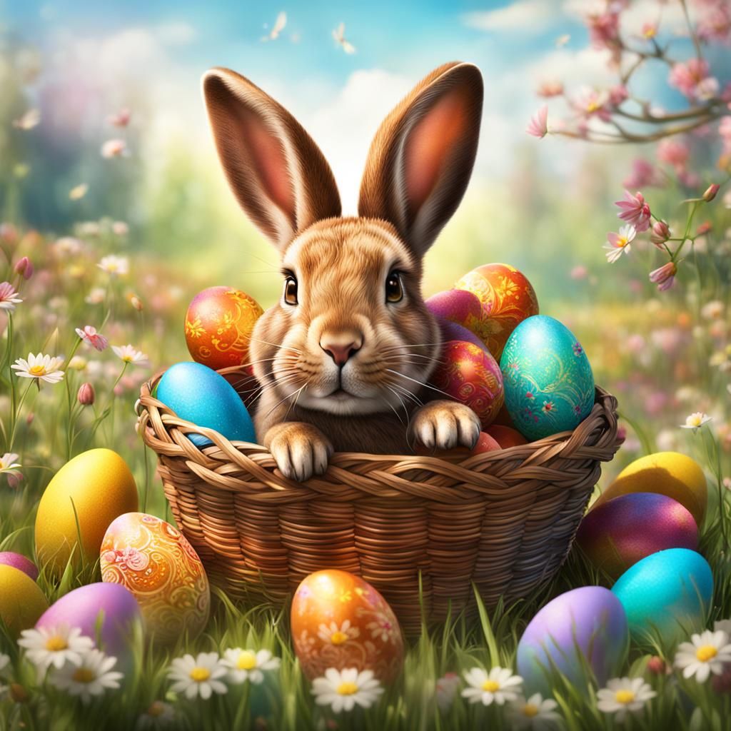 Hyperrealistic Easter Rabbit in Spring Meadow