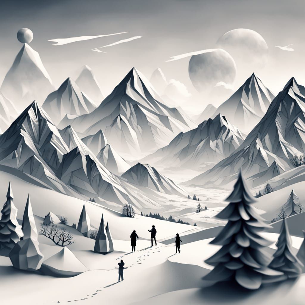 Monochromatic Snow Landscape with Silhouette in Minimalist S...