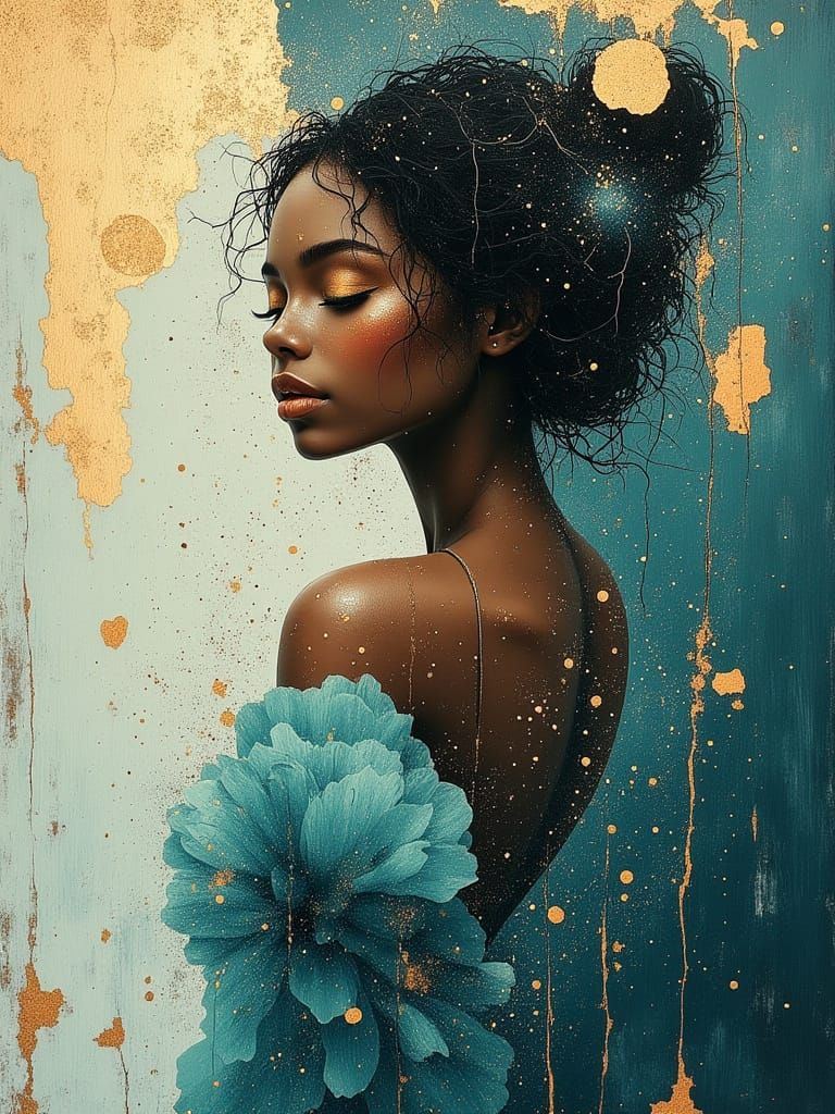 Ethereal Portrait in Aqua Tulle, Art Nouveau Style