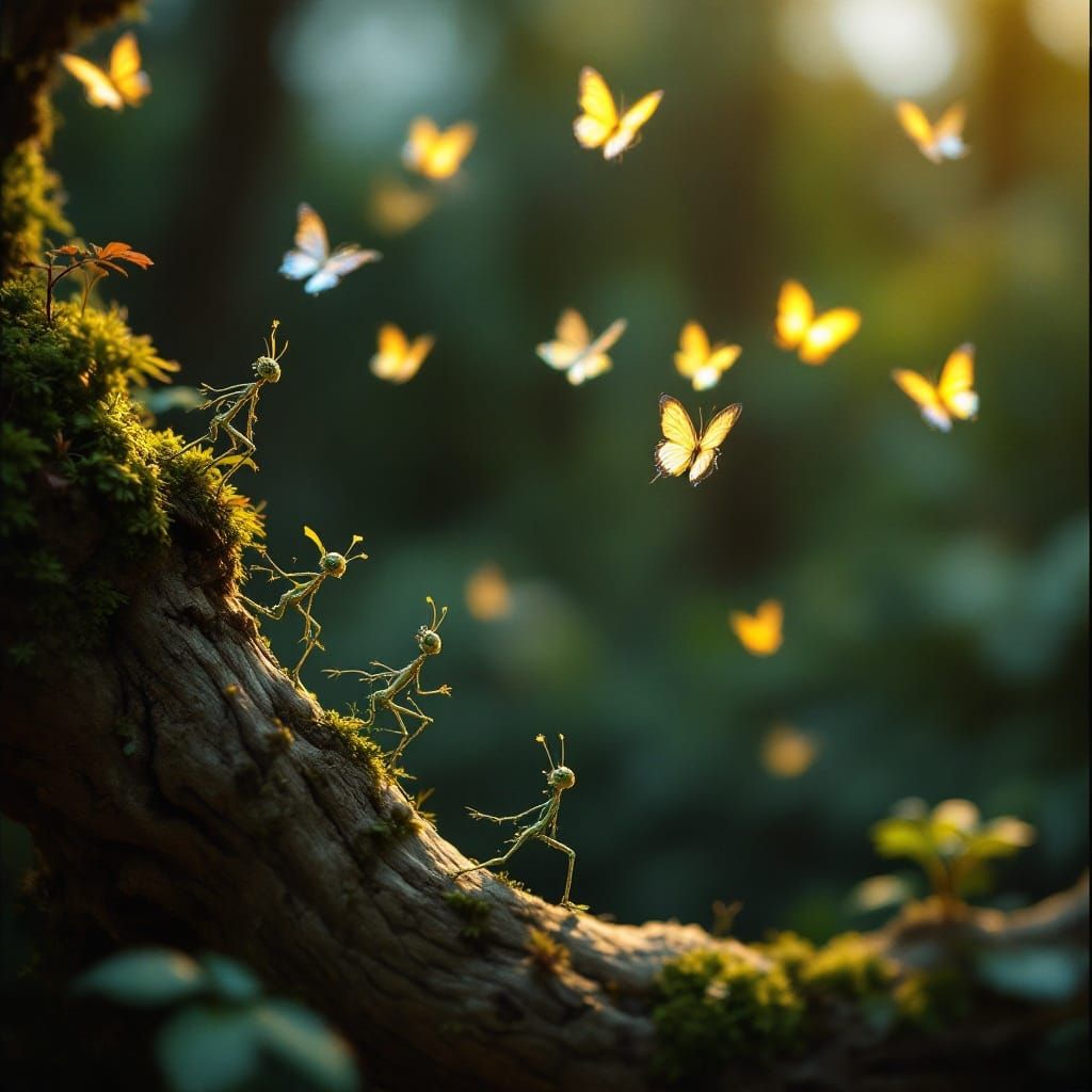 Delicate Twig Creatures Sprint Up Moss-Covered Branch in Whi...