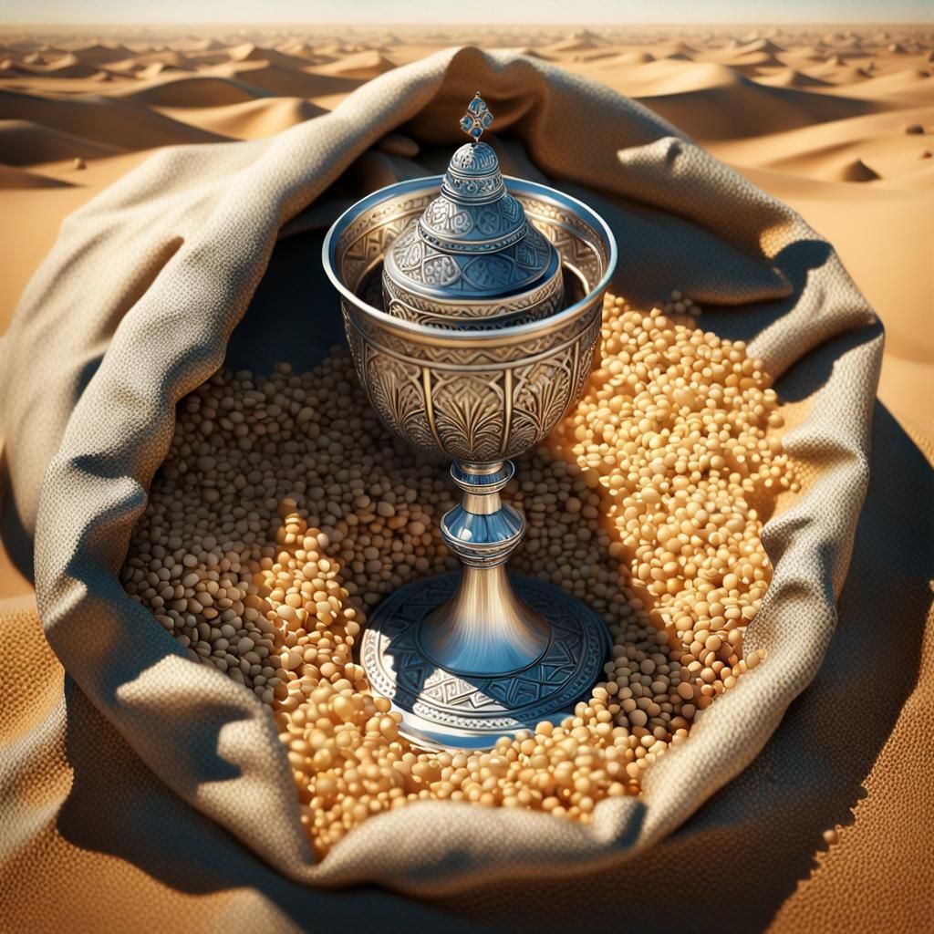 Silver Chalice in Grain Sack, Middle Eastern Desert