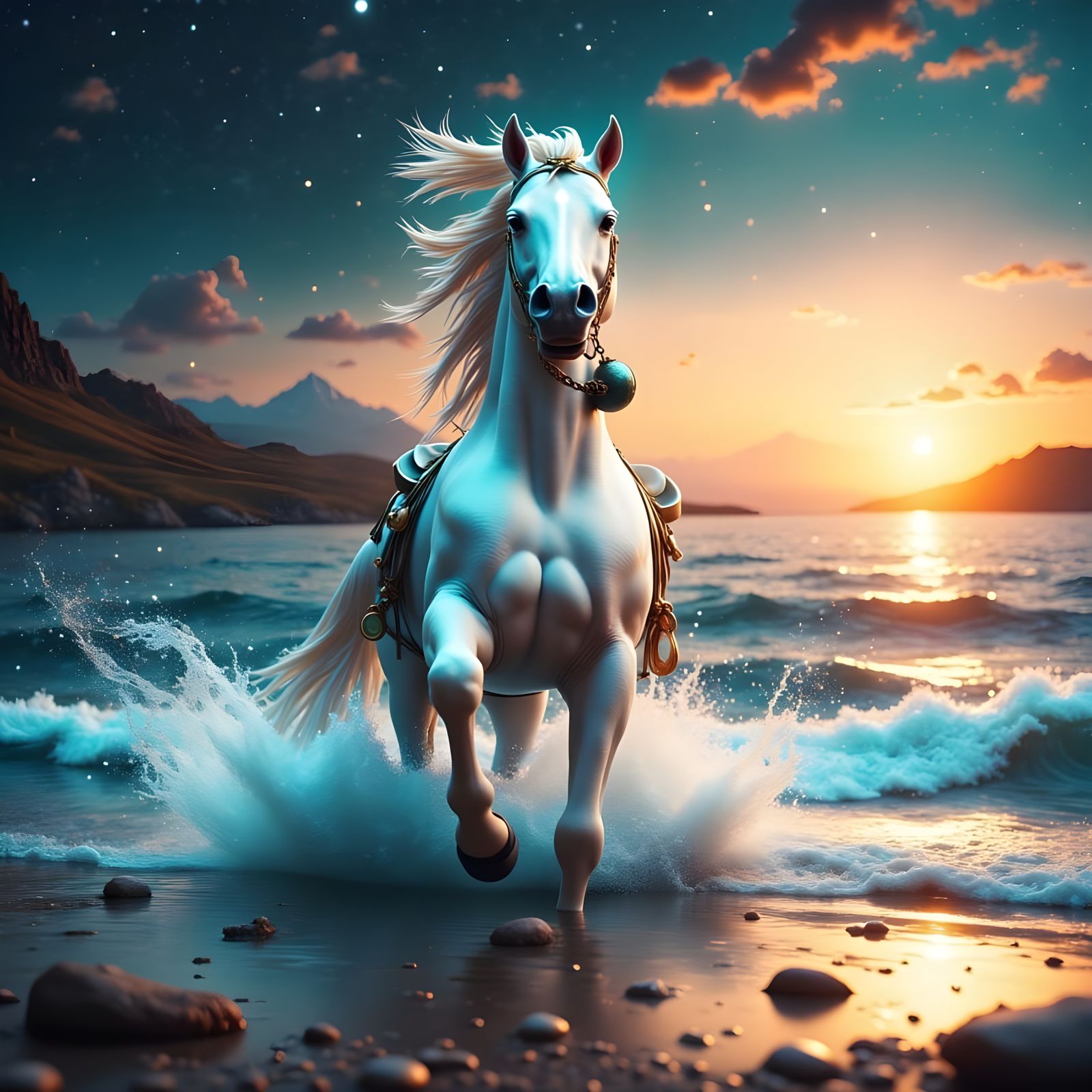This painting depicts an incredibly beautiful white horse