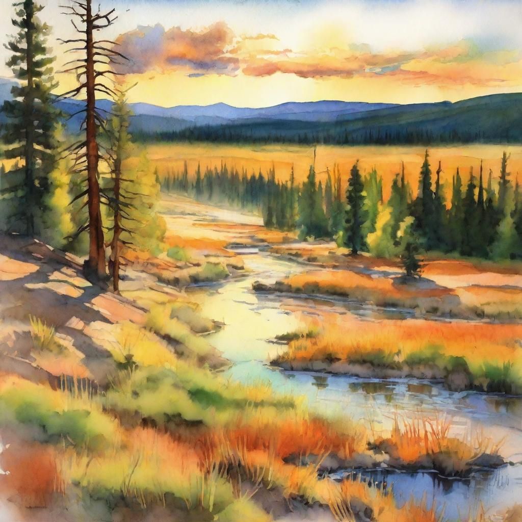 Yellowstone Park: Expressive Watercolor Painting at Golden H...