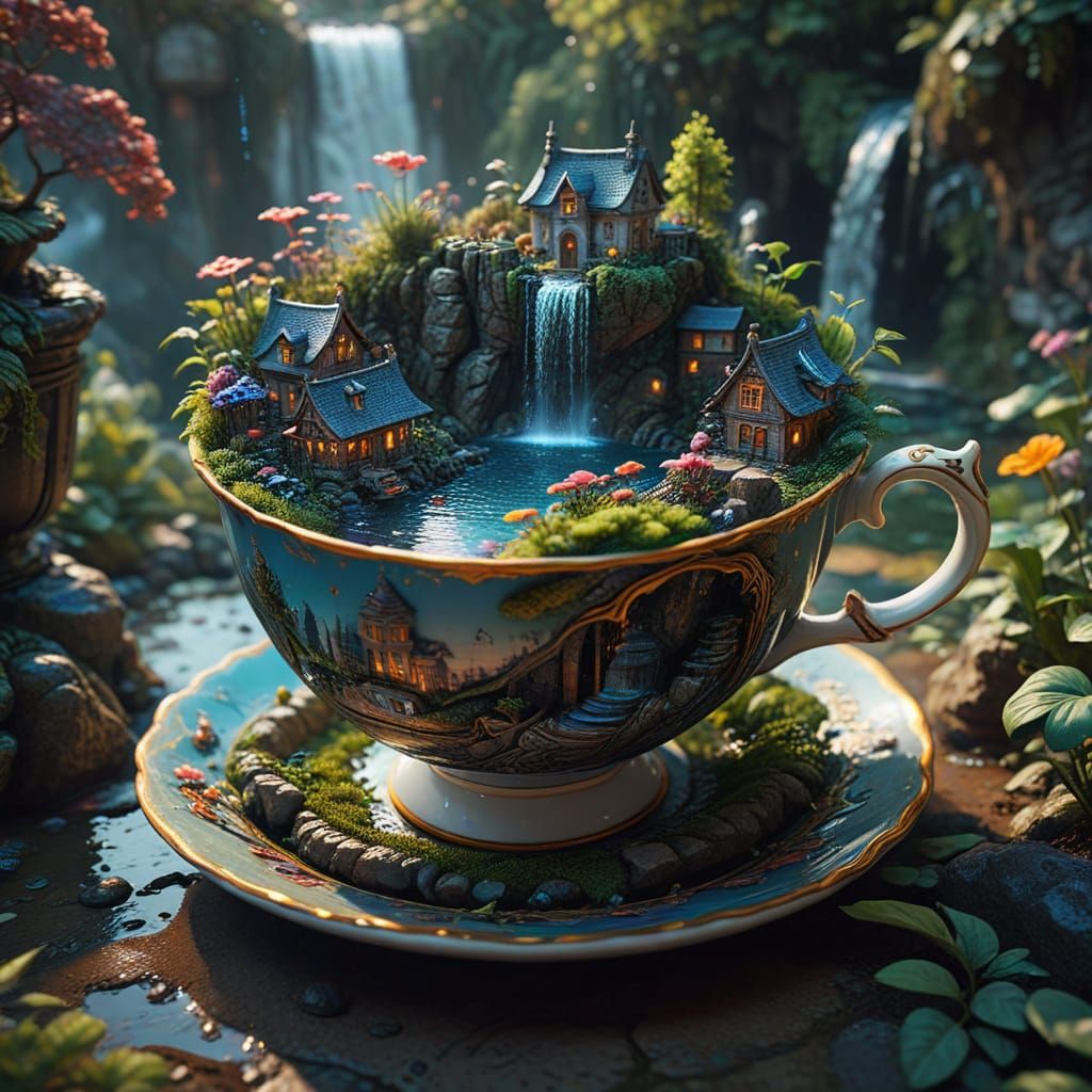 Waterfall Village in Ornate Teacup: Fantasycore Artwork