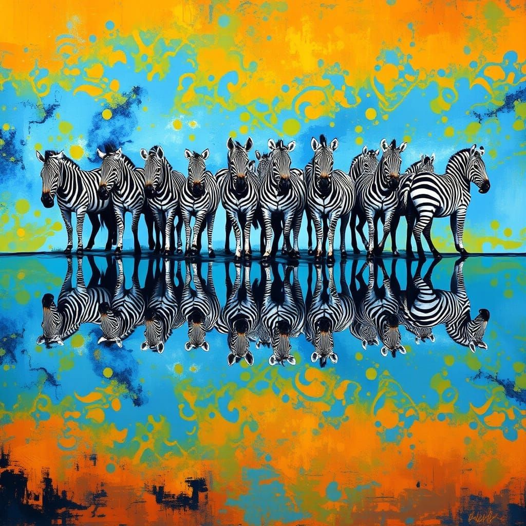 Zebras at Waterhole in Abstract Art Style