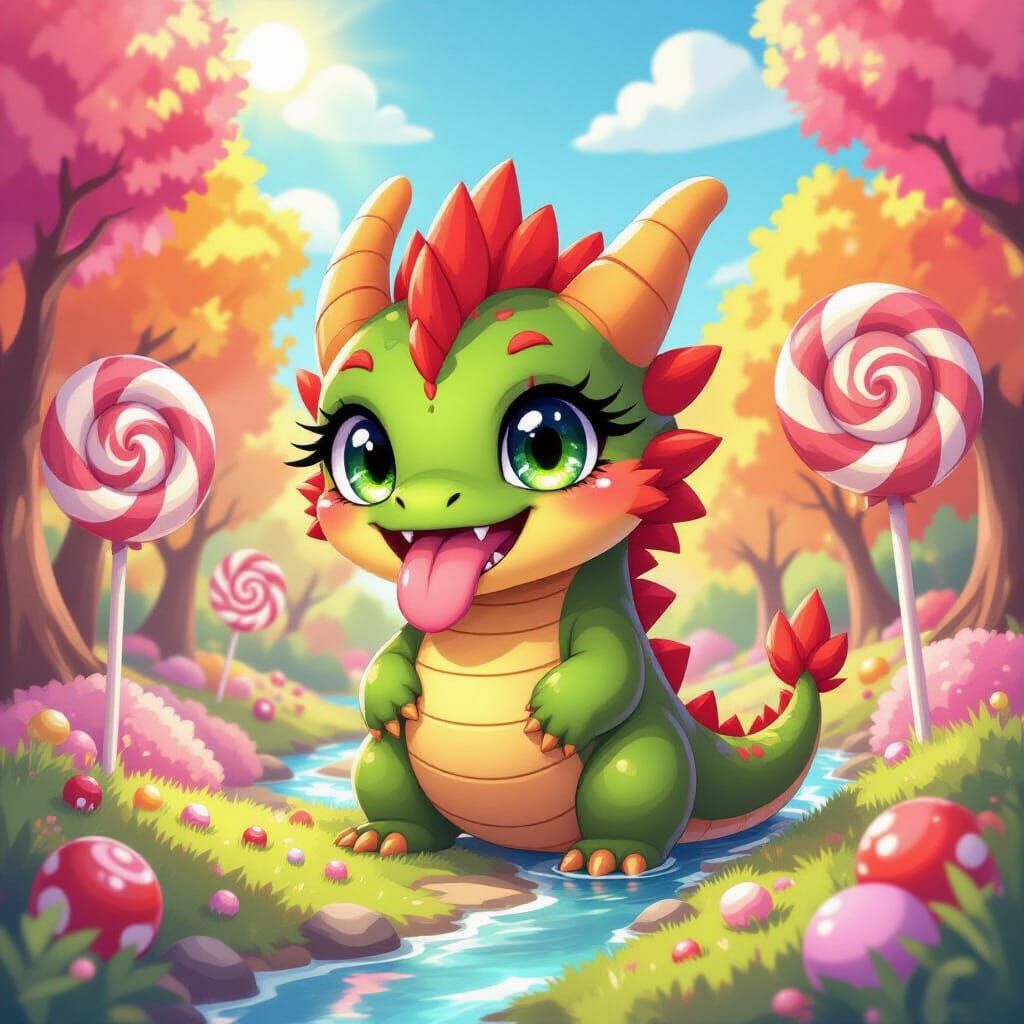 Chibi Dragon in Candy Forest, Synthwave Cartoon