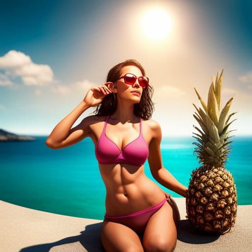 Woman Sunbathing Next to Pineapple in 3D Style