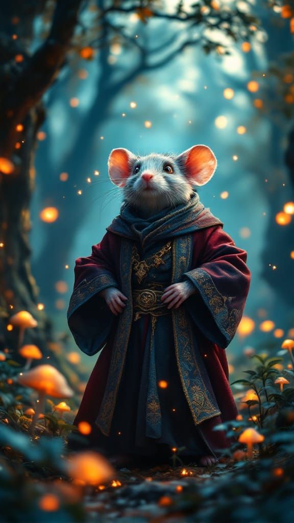 Wizard Mouse in Mystical Forest, Cinematic Lighting