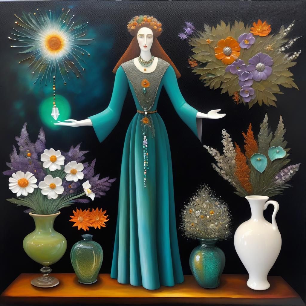 Botanical Bride in Backyard as Mixed Media Painting