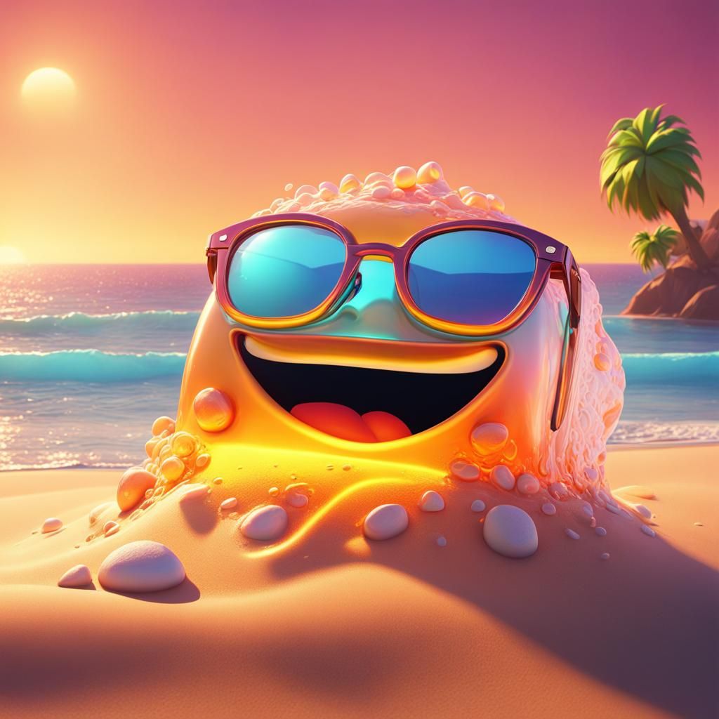 Cartoon Ice Cube Sunbathing on Beach in 3D