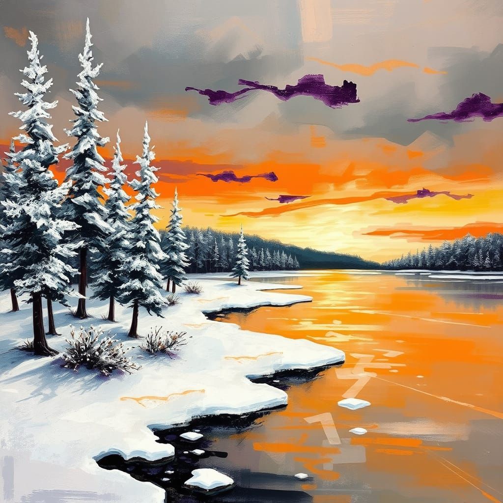 Encaustic Abstract Winter Landscape with Frozen Lake