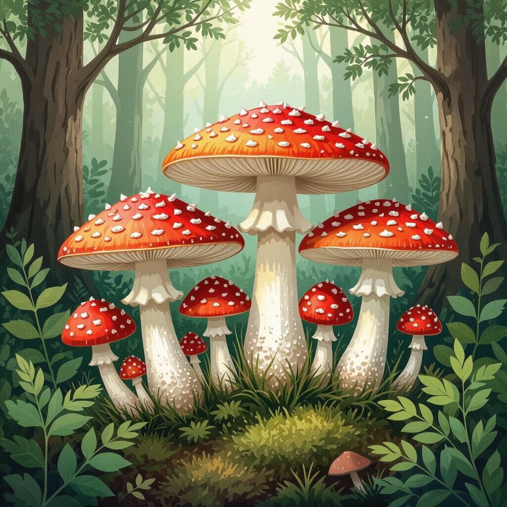 Whimsical Red and White Mushrooms in Forest