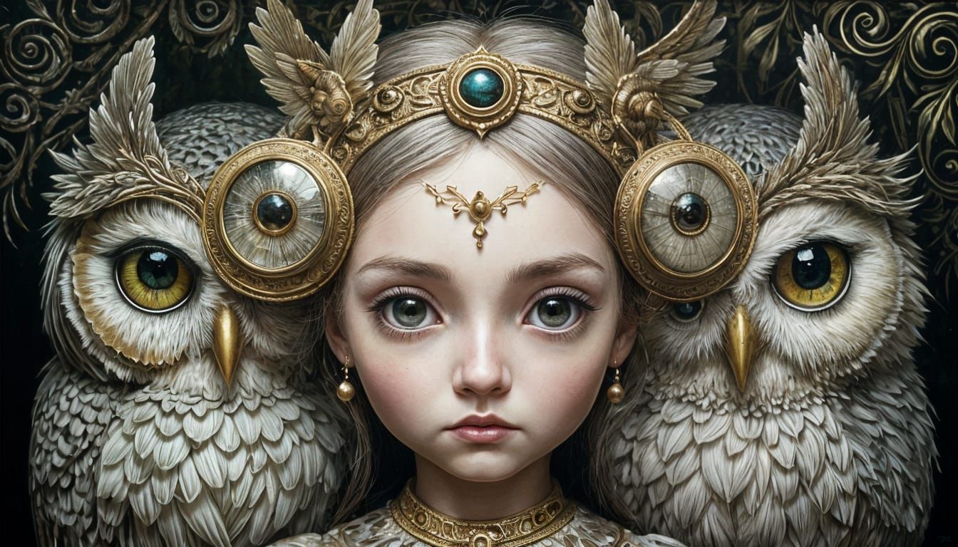 Owl Fairy in Japanese Street Scene, Detailed Line Art