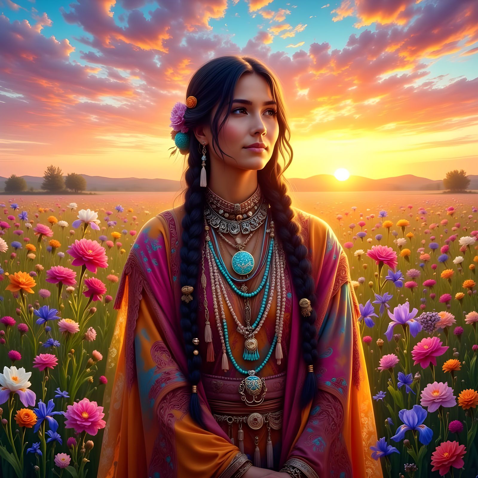Native American Woman in Flower Field at Sunset