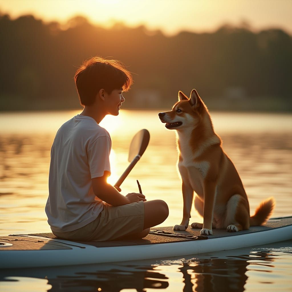 Asian Teen Boy and Shiba Inu on SUP Board at Golden Hour