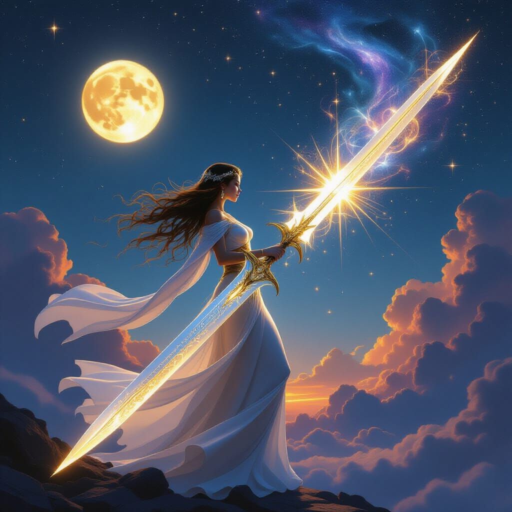 Ethereal Goddess of War in Cosmic Twilight