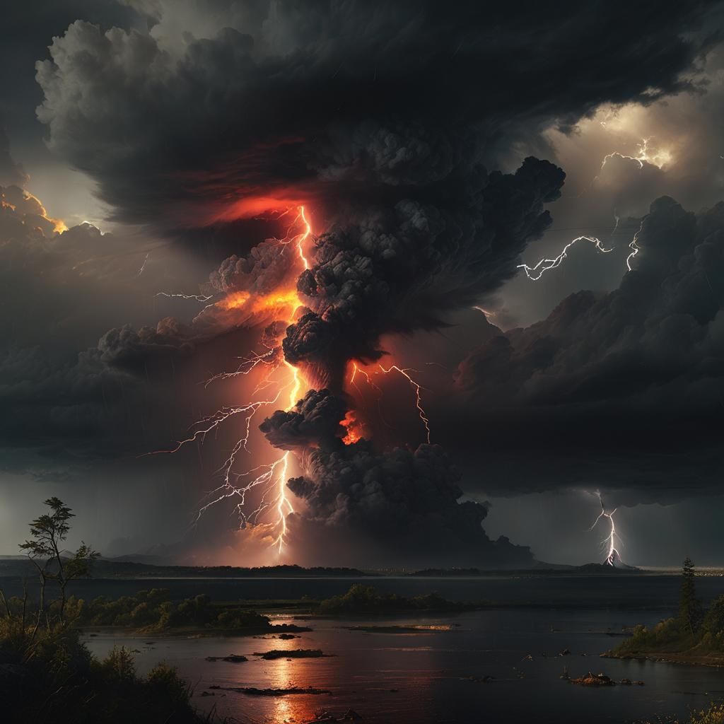 Dramatic Storm with Red Lightning in Cinematic Style