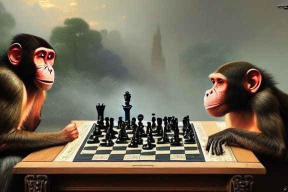 Monkey Versus Orangutan Chess Game, Hyperdetailed Painting