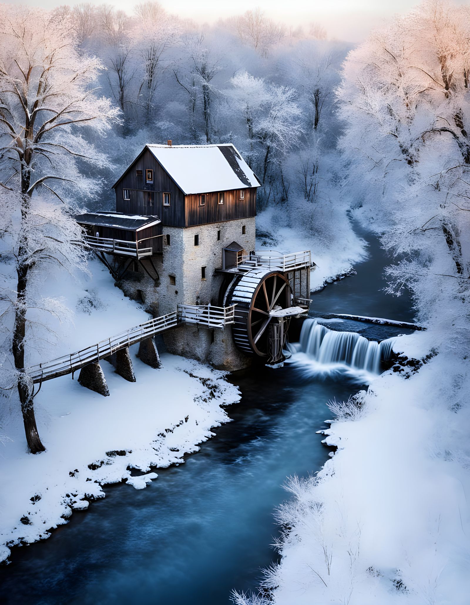 Surreal Winter Water Mill in Ethereal Light