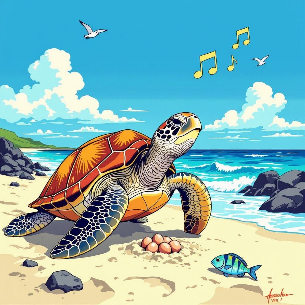 Galapagos Turtle Singing on the Beach in Pop Art Style