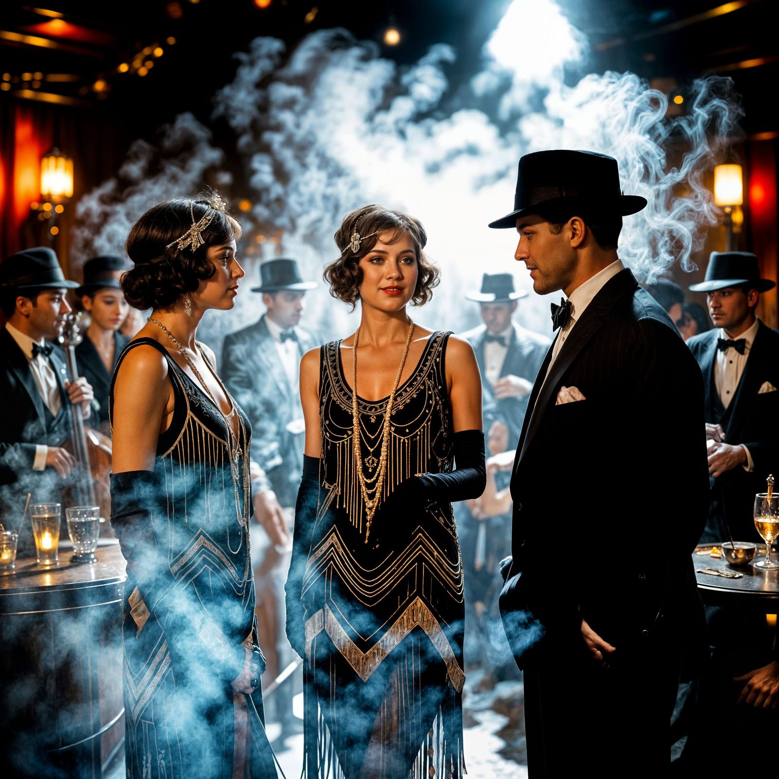 1920s Speakeasy Scene in Film Noir Style