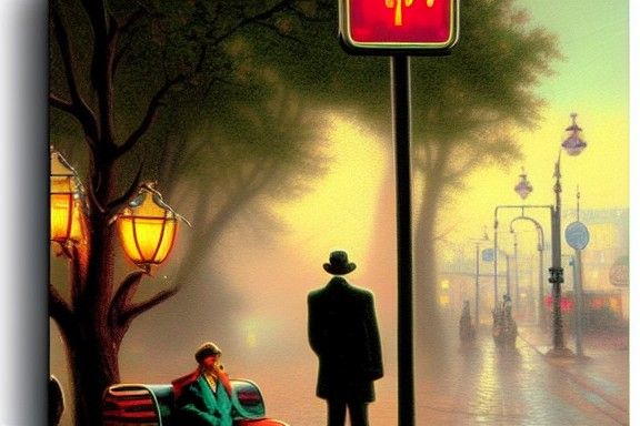 Superhero at Bus Stop in Thomas Kinkade Style