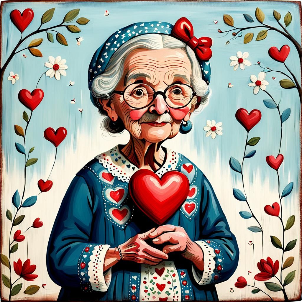 Whimsical Folk Art: Granny Holding a Heart