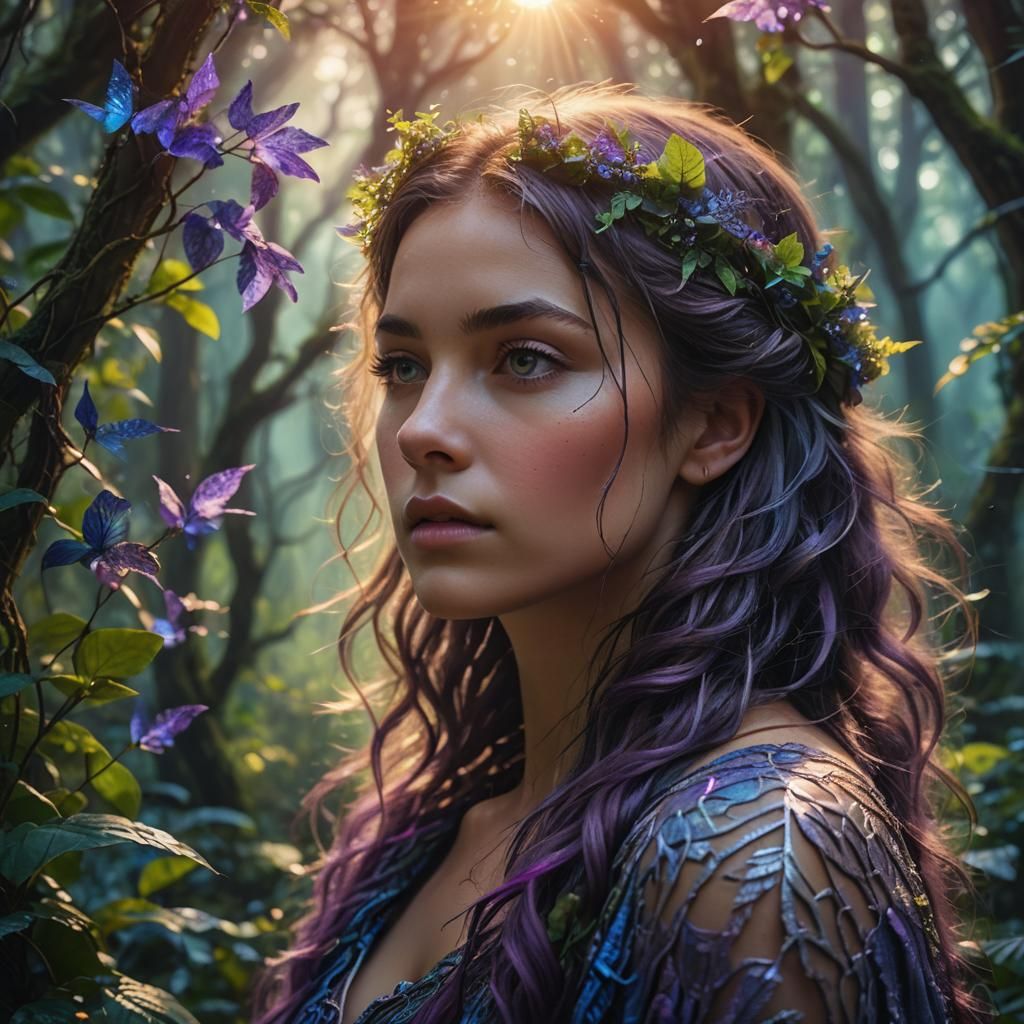 Mystical Forest: Young Woman Lost in Thought