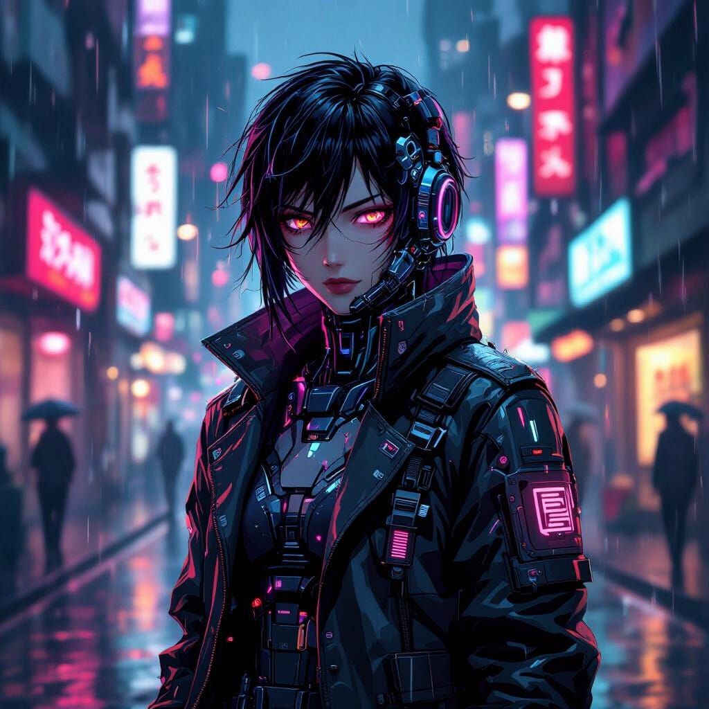 Cyberpunk Anime Characters with Neon and Rain