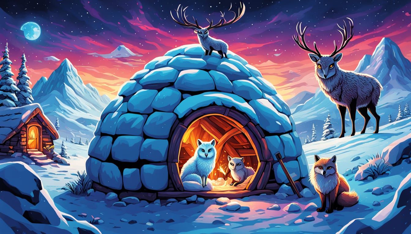 Reindeer, Fox, and Owl Near Igloo in Comic Art Style