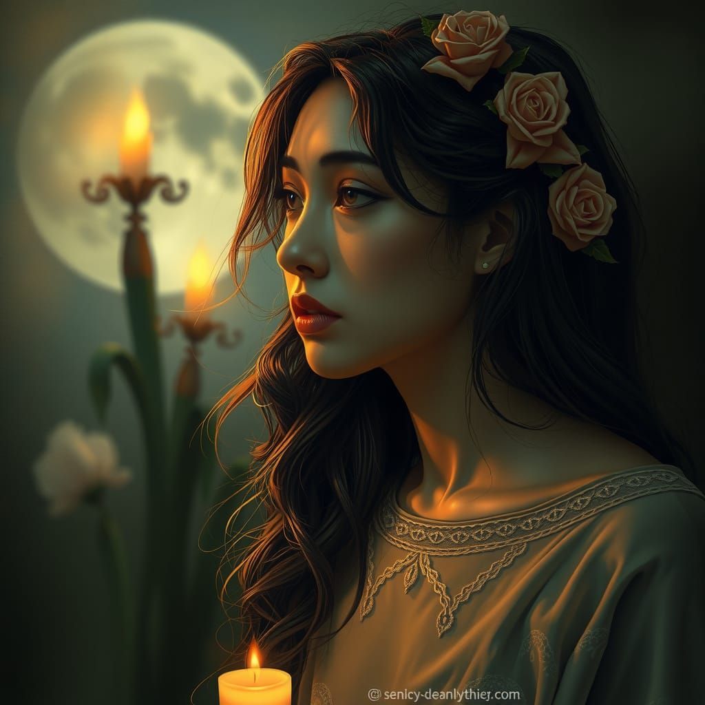 Ethereal Woman in Candlelit Dreamscape