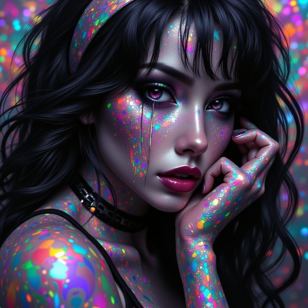 glitter foil portrait of a gothic woman crying rainbow