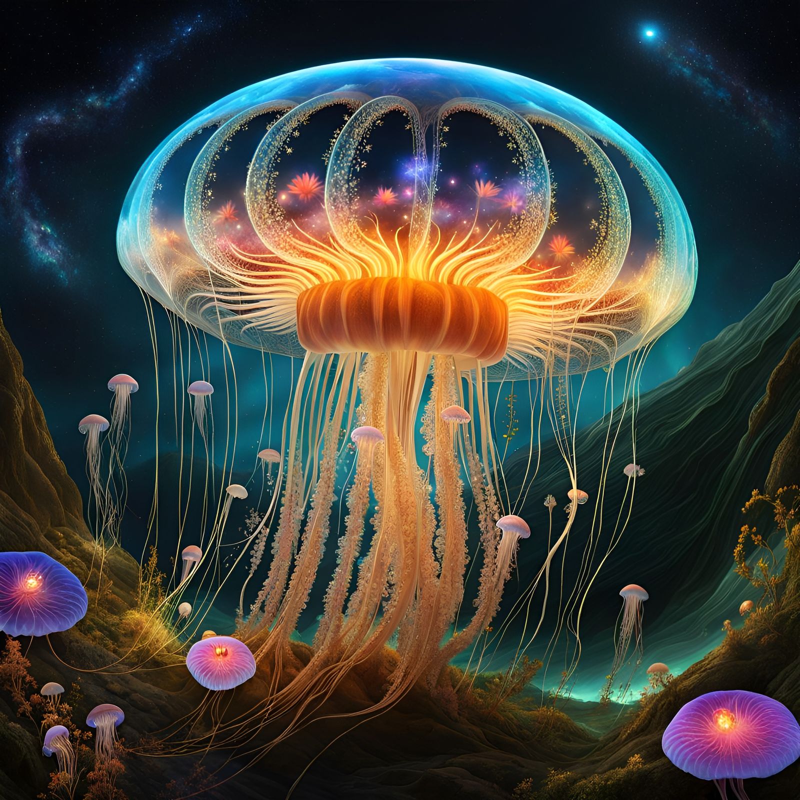 Bioluminescent Flower Star Jellyfish Explosion in Codex