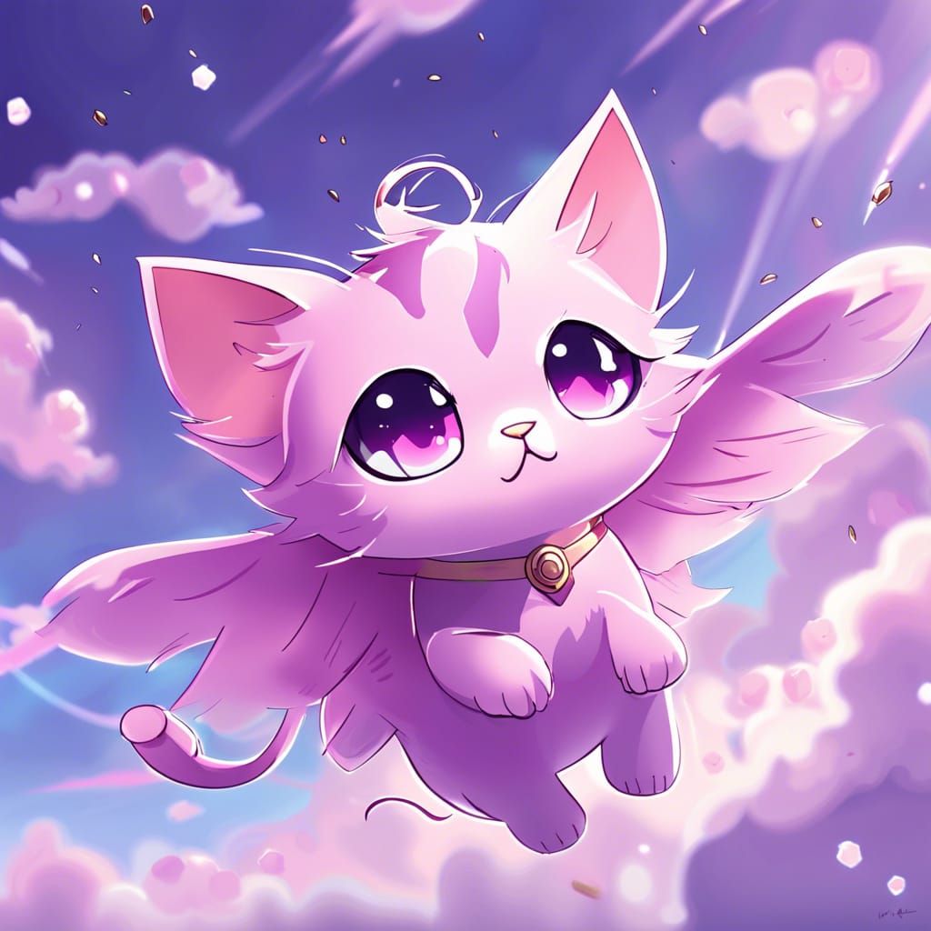 Magical Purple Cat Flying in Anime Style