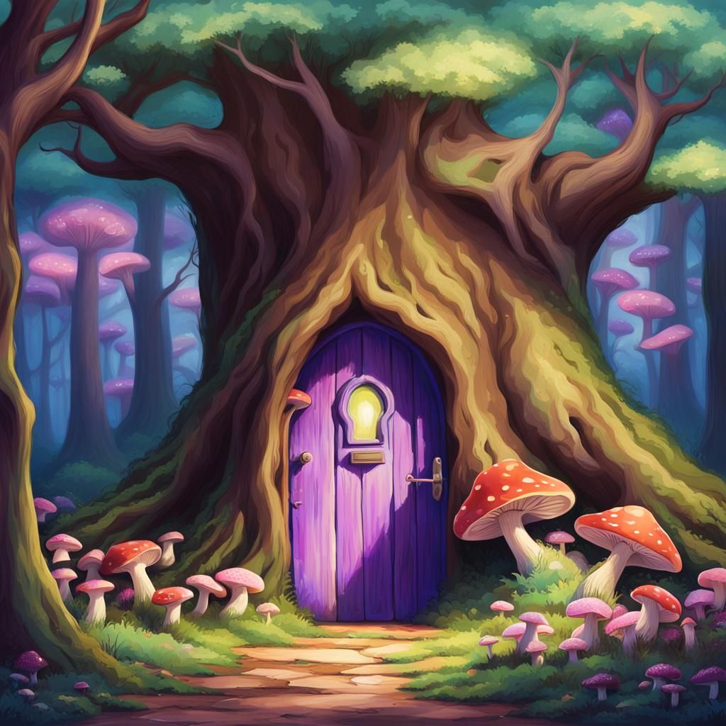 Whimsical Forest Scene with Colorful Mushrooms